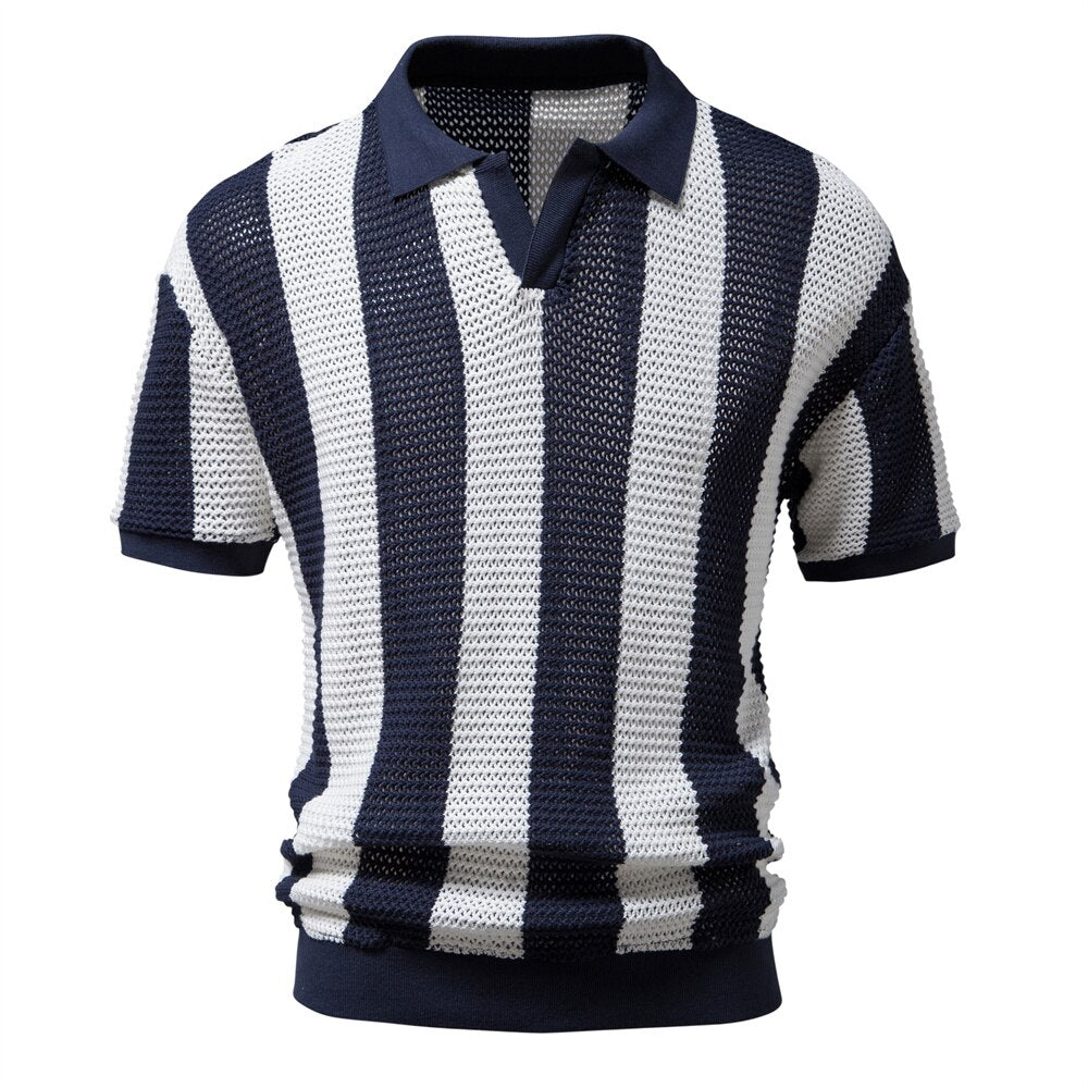 sanyamk Summer Net Shirt Hollow Short Sleeve Fishing Net Shirt Fashion Men's Striped Polo Shirt