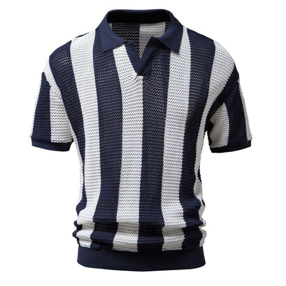 sanyamk Summer Net Shirt Hollow Short Sleeve Fishing Net Shirt Fashion Men's Striped Polo Shirt