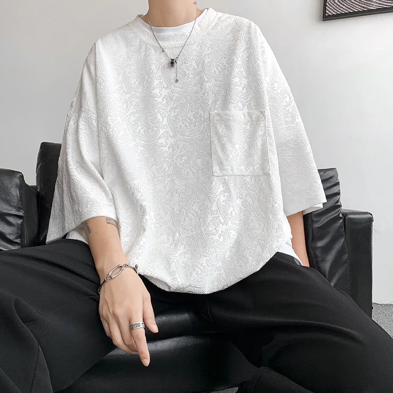 Bonsir Men Oversized Streetwear T Shirts Women 2024 Jacquard Design Summer Mens Fashions Harajuku T-Shirt Male Vintage Tees Female