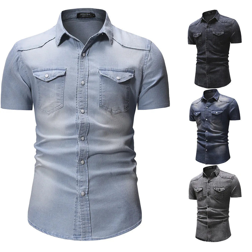 sanyamk Summer New Simple Men Denim Shirt Casual Business Mens Short Sleeve Shirts Fashion Polo Collar Male Tops