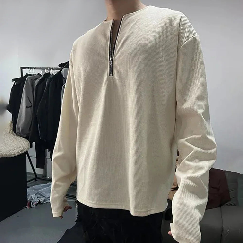 sanyamk American Street Metal Half-Zip Solid Color T-Shirt Men'S Autumn And Winter Loose Casual Retro Trendy Brand Long-Sleeved Top