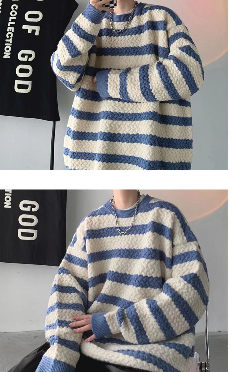 sanyamk Winter Men's Stripe Printing Coats Round Neck Wool Sweater Retro Loose Pullover Fashion Trend Thickened Knitting M-2XL