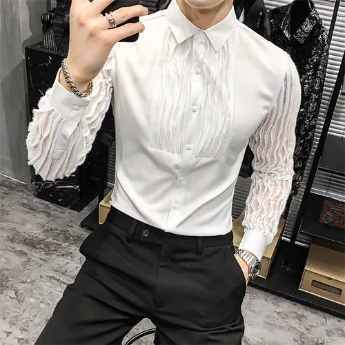 Bonsir Lace Hollow Shirts for Men Long Sleeve Slim Fit Streetwear Social Party Blouse Nightclub Singer Dj Clothing Camisas Para Hombre