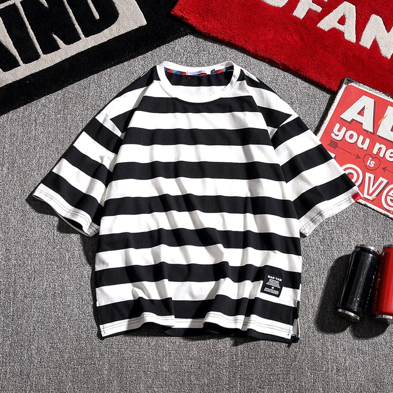 Bonsir New stripe Mens T Shirt Cotton  Summer  Male Oversized Tee Shirts 5XL Big Size Japanese Harajuku street Fashion Clothing