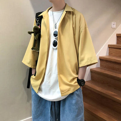 Bonsir Simple Solid Shirts Men Clothing Korean Loose Shirt Streetwear Chemise Homme Summer Half Sleeve Shirt Flat Collar Casual Tops