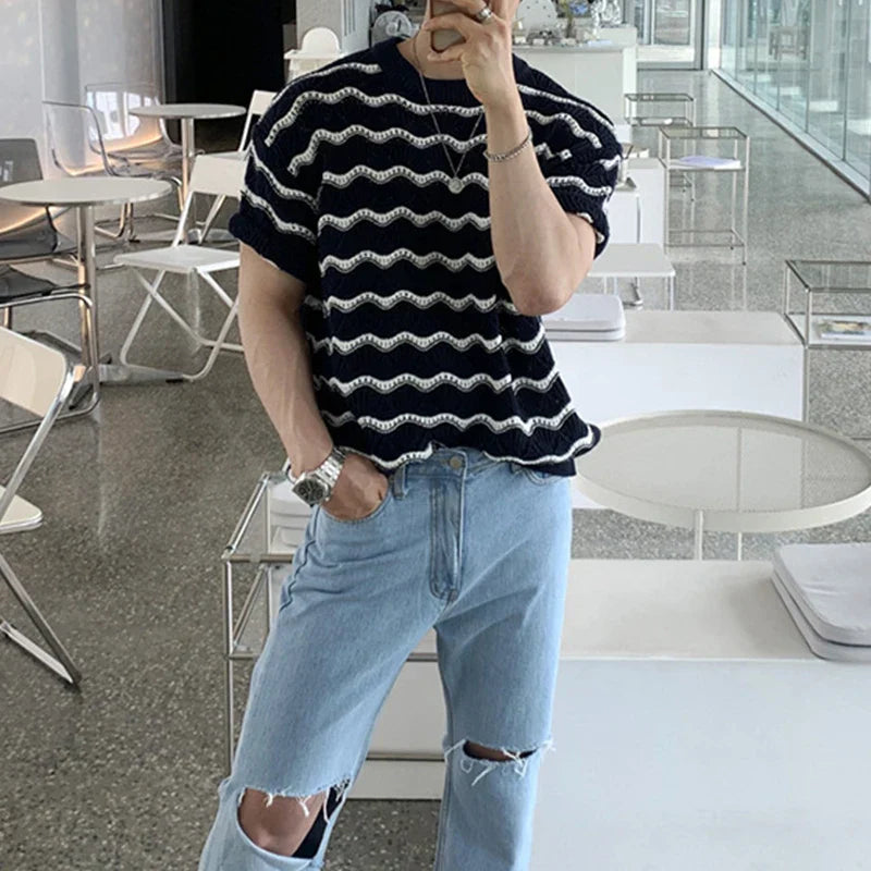 sanyamk Trendy Striped Jacquard Mens T Shirts Knitted O Neck Short Sleeve Hollow Out Knit T-shirts Summer Fashion Slim Men Knitted Tees