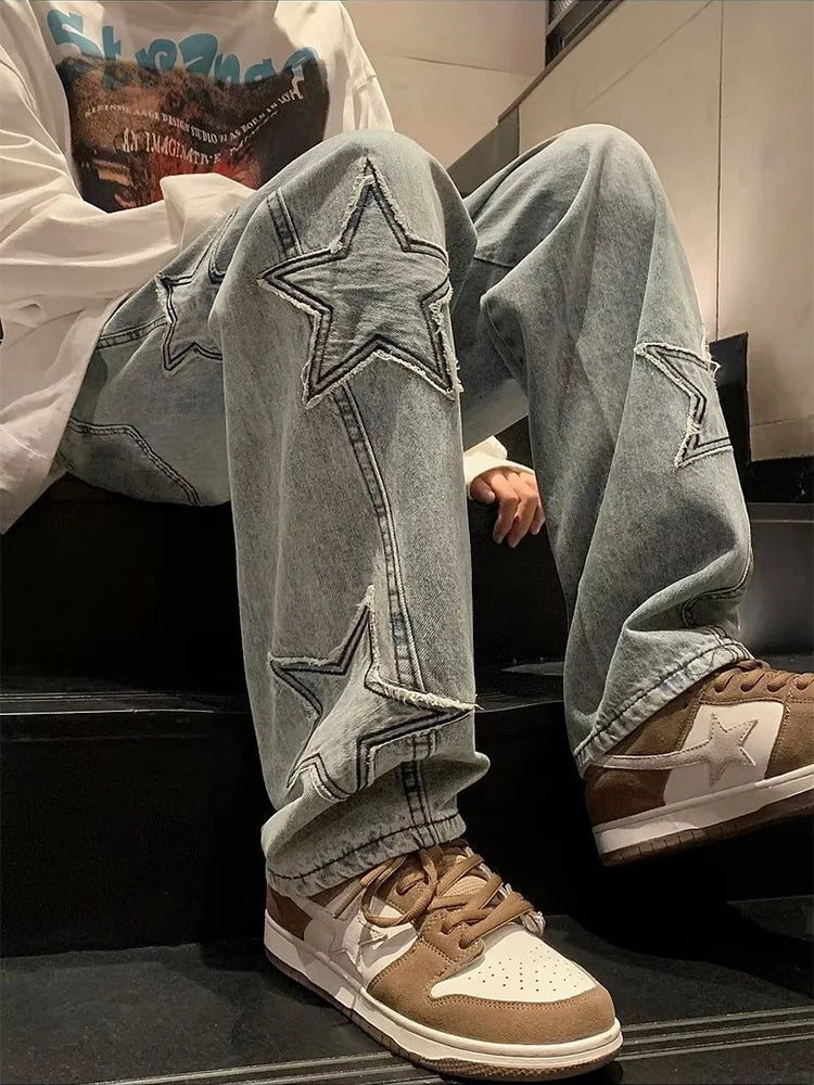 sanyamk Y2K Star Embroidery Casual Men Jeans Gothic Neutral Wide Leg Denim Trousers Male Loose Hip-hop Fashion Youth Streetwear