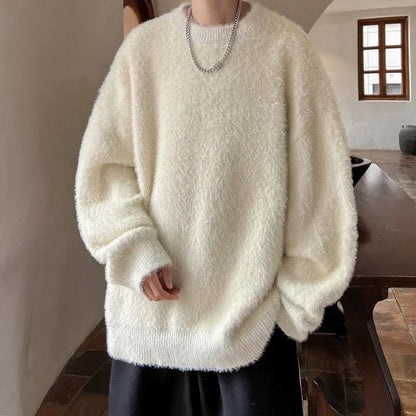 sanyamk Men Mink Wool Thick Loose Casual Pullover Sweater Male Women Couple Streetwear Vintage Fashion Black Red Knitted Sweater