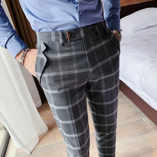 Bonsir Fashion Plaid Print Mens Slim Pants Casual Spring Summer Skinny Pencil Pants Mid Waist Trousers for Men Clothes Streetwear