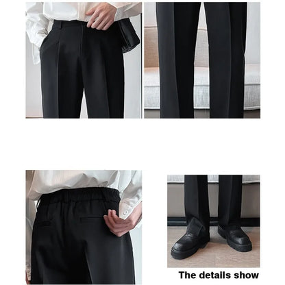 sanyamk Summer Men Thin Casual Suit Pants Long Straight Drape Silky Wide Loose Trousers Male Elastic Waist Oversize Clothes Black White