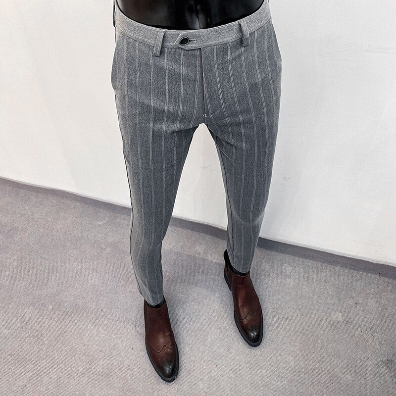 sanyamk Autumn Winter Striped Business Dress Pants Men Slim Fit Suit Pants Casual Office Social Trousers Pantalon Homme Classique