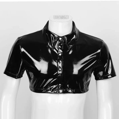 sanyamk Mens Sexy Glossy Leather Short-sleeved Shirt Erotic Shaping Sheath Latex Tops Casual T-shirts Shiny Short Leather Jacket Sexi