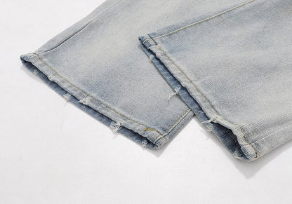 Bonsir High Street Flame Skull Embrodiery Vintage Denim Trousers Men's Distressed Washed Straight Baggy Oversized Jeans Pants