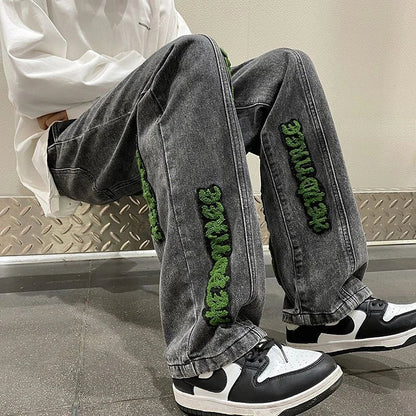 sanyamk Jeans for Men With Print Straight Trousers Grunge Y2k Graphic Baggy Low Rise Stretch 2024 Trend 90s Streetwear Mens Cowboy Pants