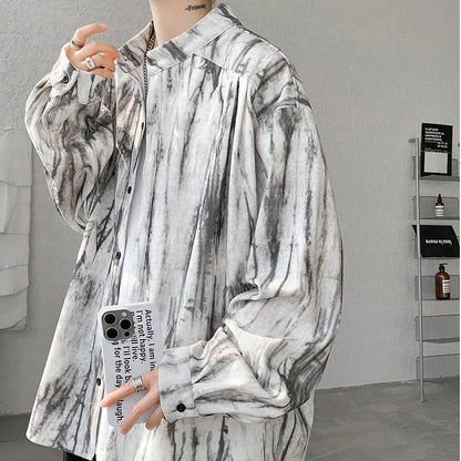 Bonsir Stand Collar Tie-dye Shirt Men Handsome Long Sleeve Men's Clothing Spring Autumn Korean Loose Streetwear Casual Shirts