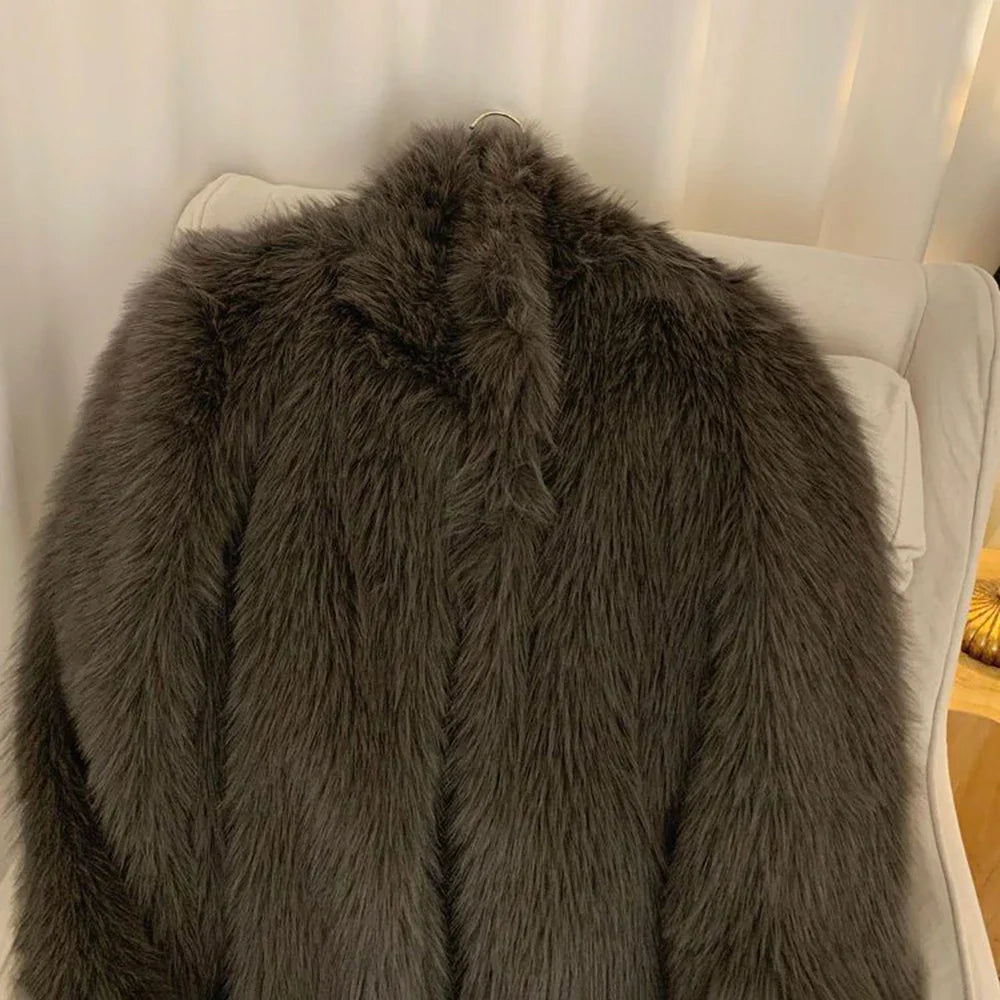 Bonsir Imitation Fox Fur Coat For Men New Autumn Winter Warm Thickened Long Fashion Elegant Solid Simple Loose Stand-Up Coat