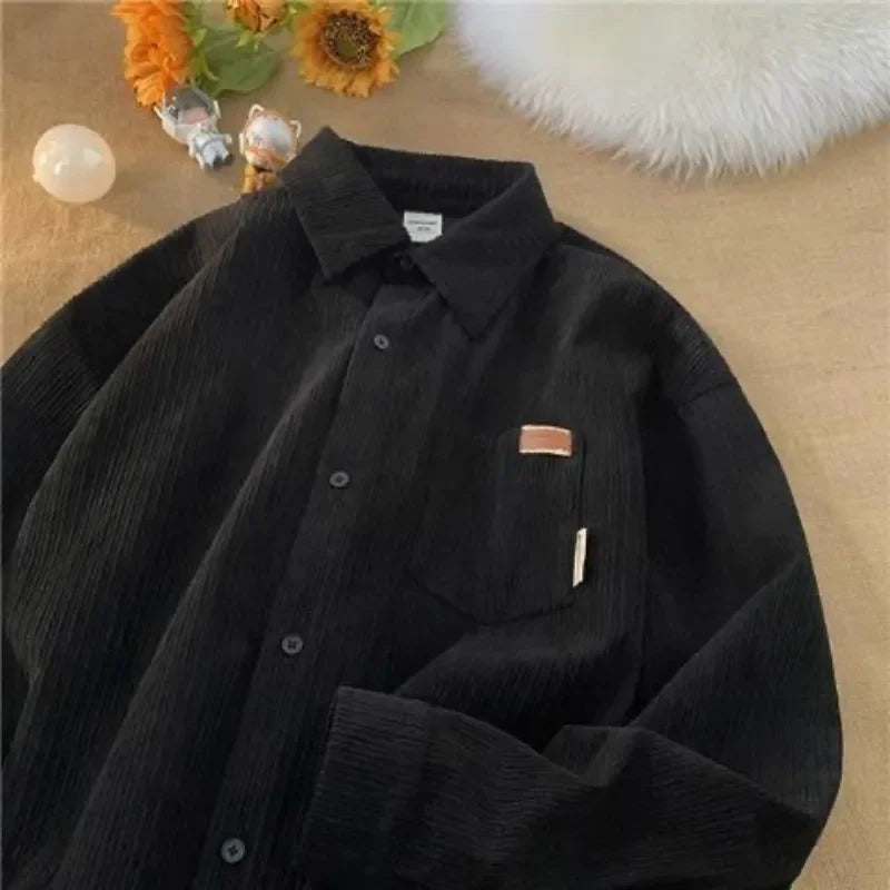 Bonsir Korean Fashion Long Sleeve Corduroy Sweatshirts Men Clothing Retro Spring and Autumn Casual Turn Down Collar Shirts