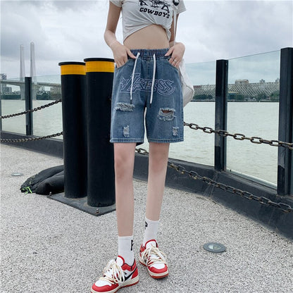 Bonsir Men's Denim Shorts Letter Embroidery Ripped Hole Short Jeans Women Wide Leg Shorts Hip Hop Drawstring Vintage Denim Pants Summer
