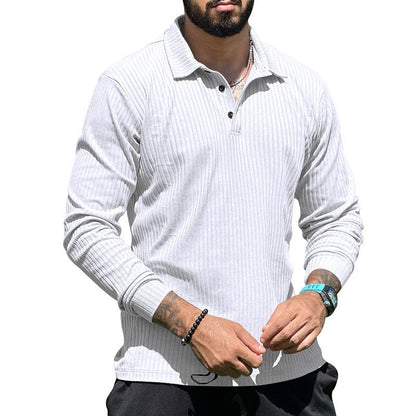 Bonsir Fall Casual Mens Polo Shirt Solid Color Ribbed Lapel Buttoned Long Sleeve Pullover Tops Men Clothes Leisure Daily Polo Tees