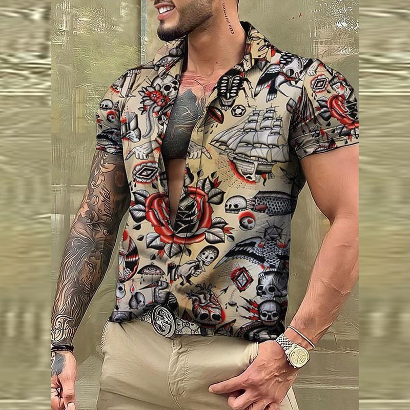 Bonsir Fashion Skull Printed Short Sleeve Shirts Men's Beach Clothes Summer Casual Button-up Lapel Shirt Tops Men Streetwear Shirt