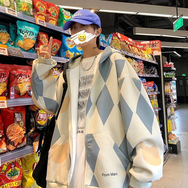 BONSIR  -  Men Korean Style Hoodies Vintage Printed Long Sleeve Oversized Hooded Sweatshirt Mens Casual Streetwear Hoodie Coats