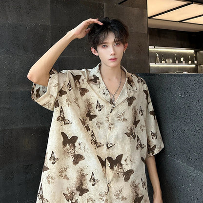 Bonsir Summer Butterfly Printed Tie-dye Shirt Men Windsor Collar Loose Casual Short Sleeve Shirts Oversize Streetwear Boy Girl Blouses