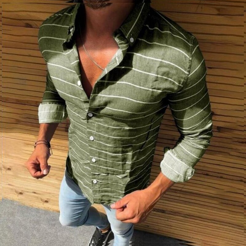 Bonsir Vintage Striped Printing Long Sleeve Shirts For Men Spring Autumn Casual Button-up Turn-down Collar Shirt Mens Fashion Tops