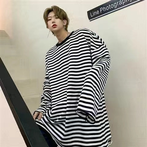 sanyamk Men's Striped Printing Hoodies Hip Hop Coats Fashion Sweatshirts Loose Hole Long Sleeve Pullover Oversized Bottomed Shirt