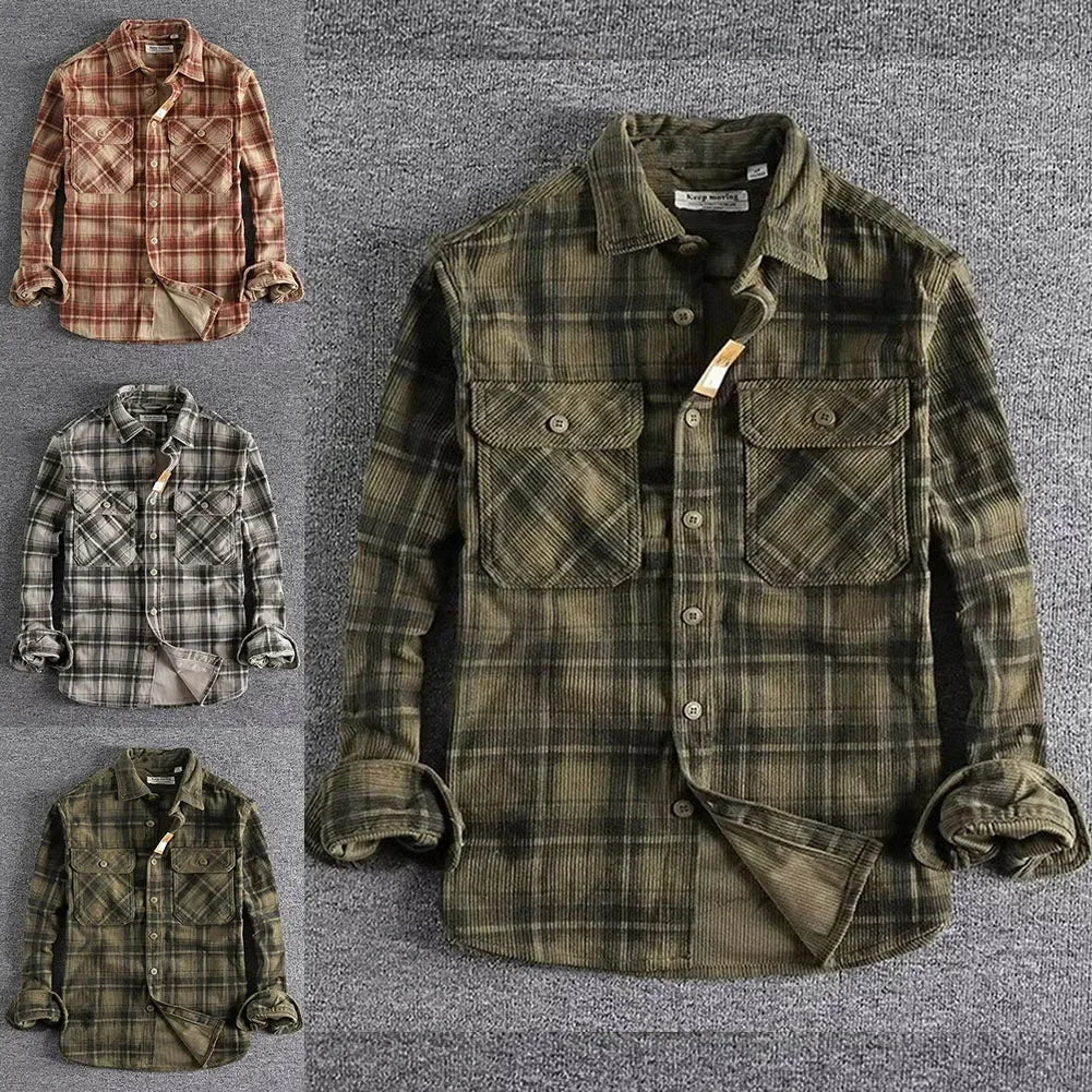 sanyamk Fashion Mens Classic Plaid Shirts Washed Corduroy Thick Autumn Spring Long Sleeve Comfortable Shirt Coat Men Clothing