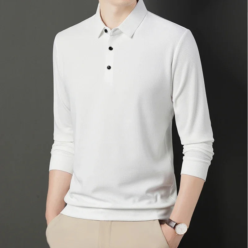 sanyamk 2024 Spring Autumn Waffle Men's Long-sleeved Polo Shirt Business Casual Slim Top Classic Solid Color Male Brand Tees