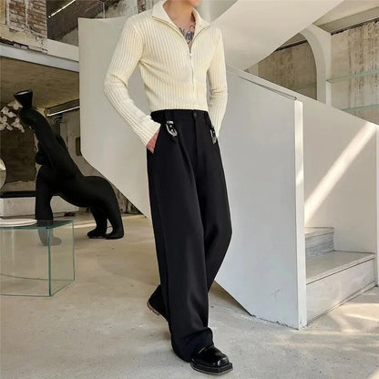 sanyamk Men Metal Button Loose Casual Wide Leg Suit Pants Net Celebrity Male Straight Fashion Vintage Floor Trouser Stage Clothing
