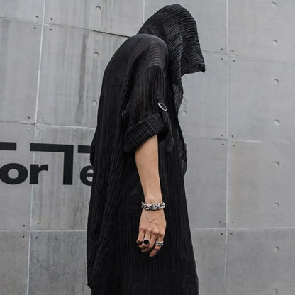 sanyamk Nightclub DJ Singer Punk Rock Hip Hop Long Shirt Black Hooded Cloak Cardigan Men Pleated Woven Cotton Blouse Gothic Vintage