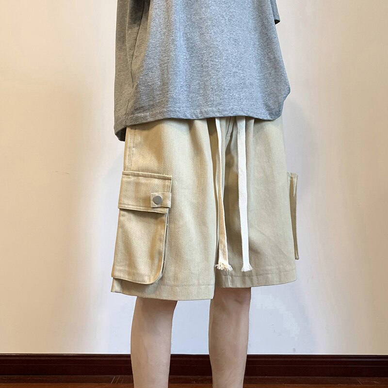 sanyamk Summer Cotton Shorts Men Fashion Retro Pocket Shorts Japanese Mens Streetwear Hip-hop Loose Straight Shorts Men Cargo Pants