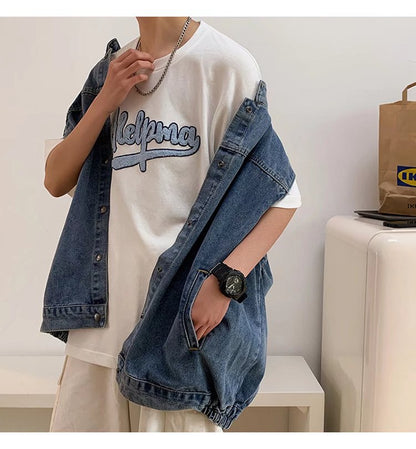 Bonsir Denim Sleeveless Jacket Men Fashion Oversized Harajuku Denim Jeans Casual Jeans Waistcoat Cowboy Hip Hop Streetwear Clothing