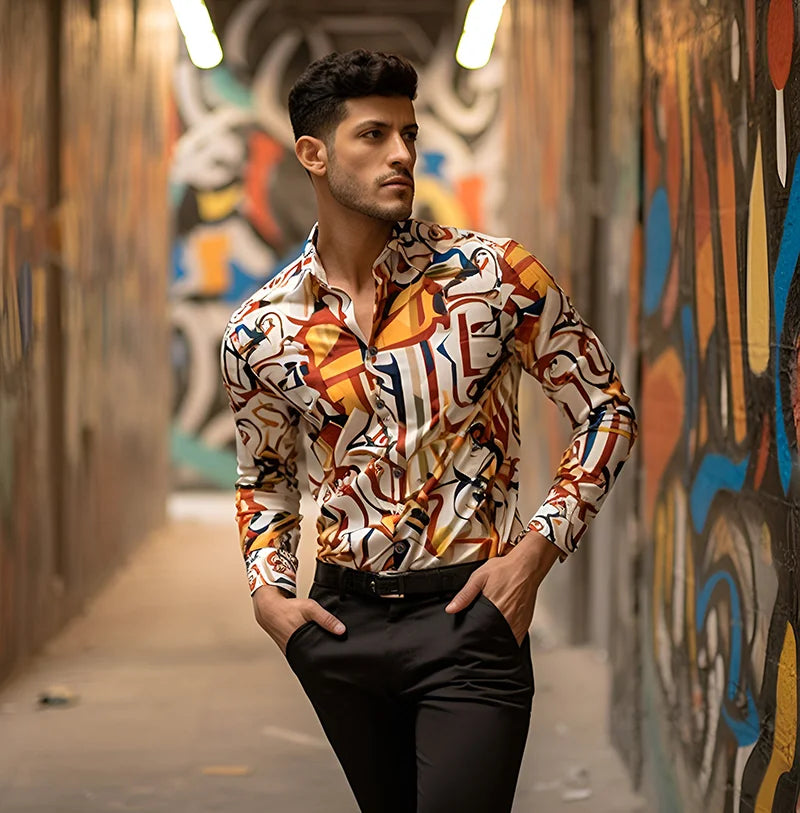 sanyamk Retro Casual Shirts for Men Fashion Print Hawaiian Shirt Men Four Seasons Often Wear Thin Section Long-sleeved Shirt