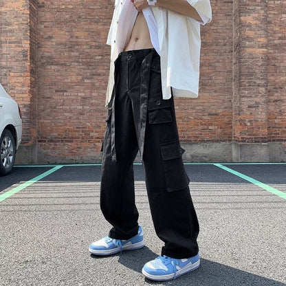 sanyamk Overalls men's new style Hong Kong Style Multi Pocket loose fashion youth casual pants retro versatile straight pants