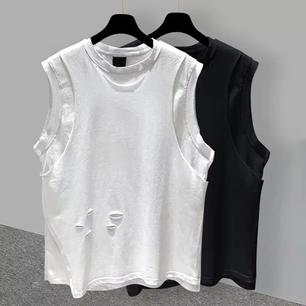 sanyamk Fake Two-Piece Ripped Sleeveless T-Shirt For Men 2024 Summer New Large Size Sports Fitness Gym Casual Loose Waistcoat Vest