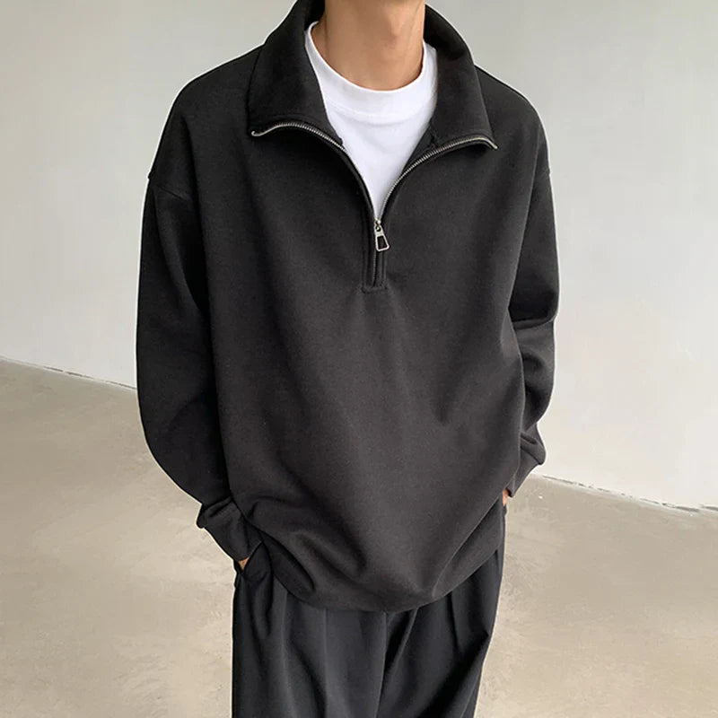 sanyamk  -  Minimalist Men's Sweatshirts Half Zipper American Style Solid Color Turtleneck Solid Color Loose Male Top New Simple 9C8073