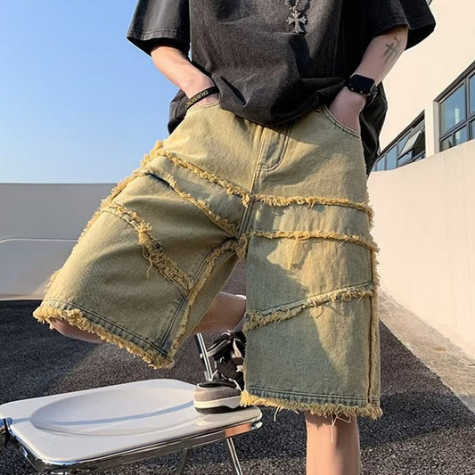 sanyamk Vintage Loose Mens Straight Jean Shorts Streetwear Spring Summer Fashion Ripped Denim Short Pant Men Chic Buttoned Jeans Shorts