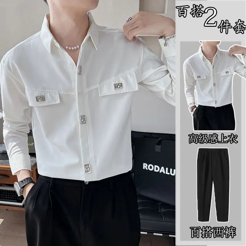 sanyamk Spring Autumn Polo-neck Solid Color Long Sleeve Shirt Male Black Casual Fashion Pants Set Men All-match Cardigan Blouse Trousers