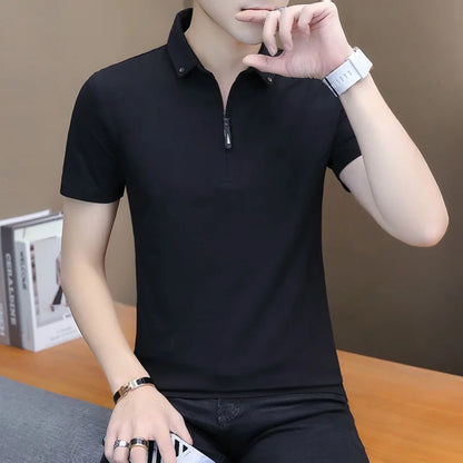 sanyamk Summer Solid Color Cotton Polo Shirt Business Lapel Short-Sleeved Fashion Simple Men'S Tops Slim Casual Sports Men'S T-Shirt