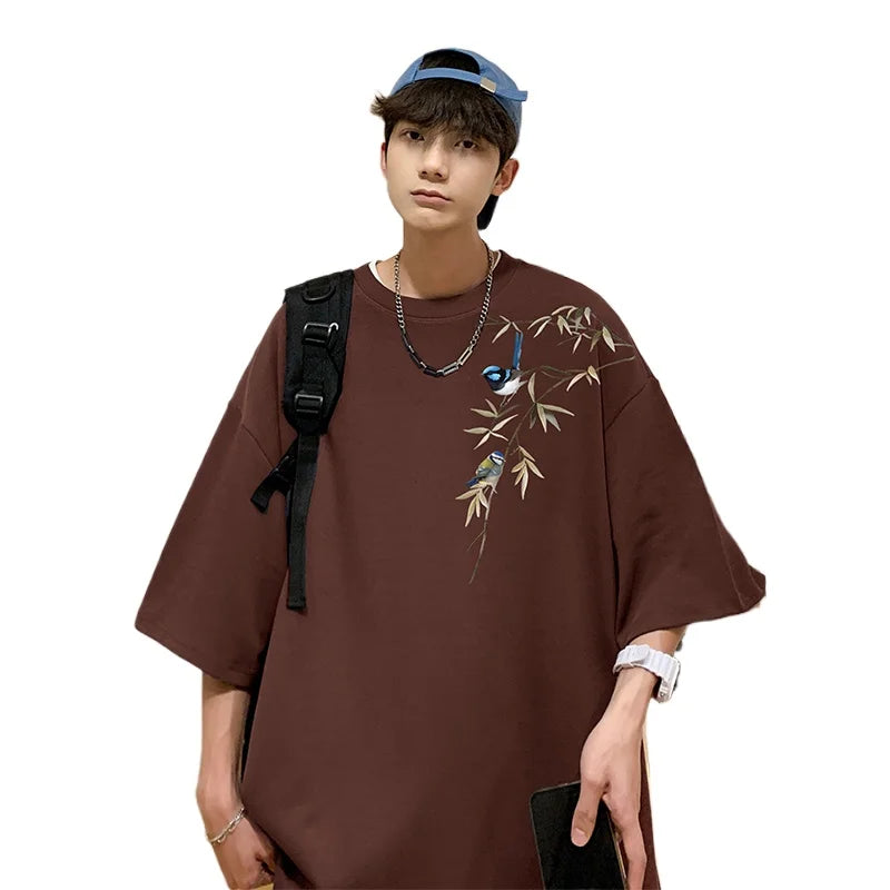 sanyamk  -  Men's Cotton Oversized T-shirts Mens 5XL T Shirt Casual Summer Wear Bamboo Print Fashion White Tee Shirts for Men Clothing