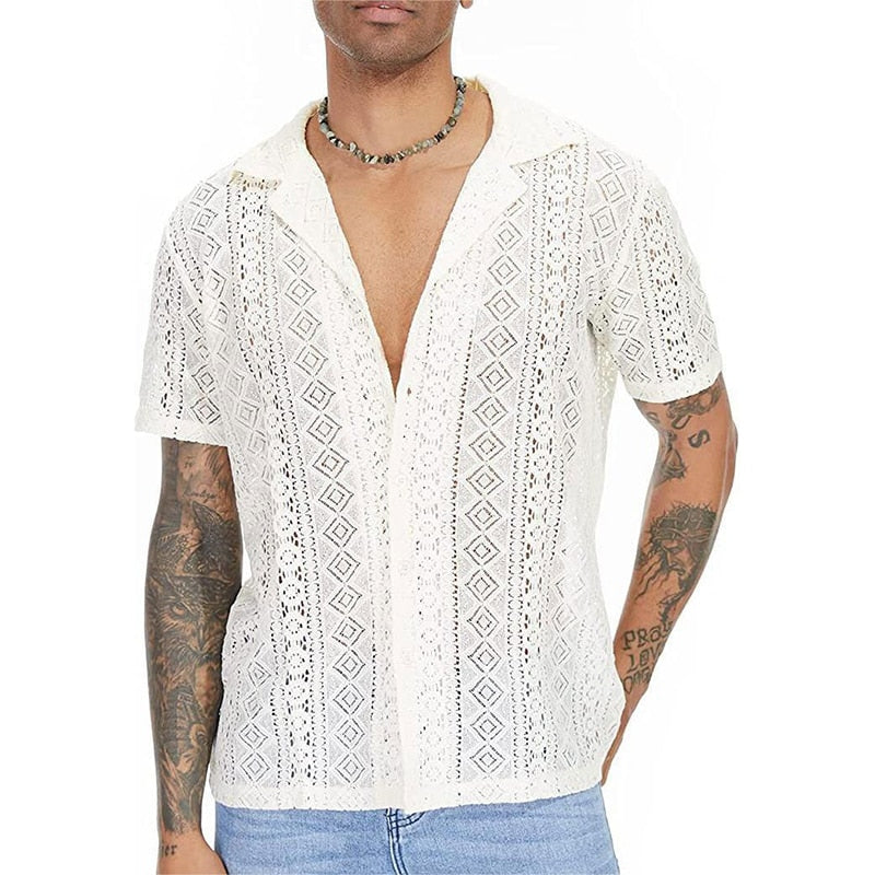 Bonsir Casual Solid Color Loose Shirts Men Fashion Pattern Embroidery Shirt Summer Short Sleeve Button Lapel Tops Mens Streetwear