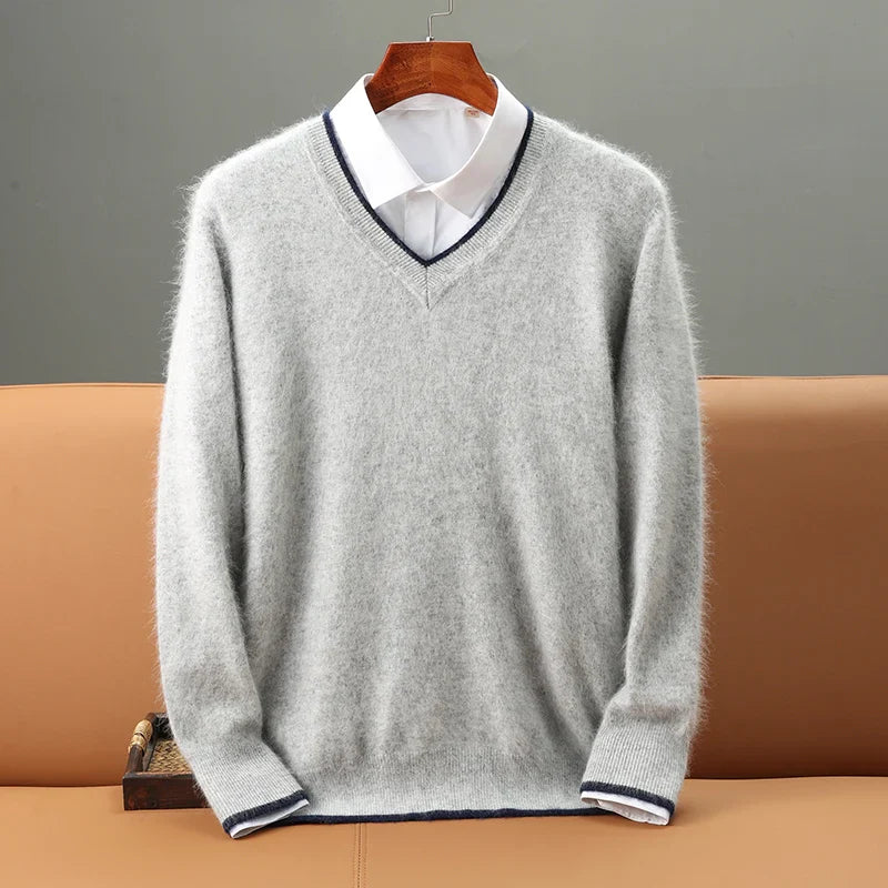 sanyamk Autumn Winter New Men's Sweater 100% Mink Cashmere Top V-Neck Knitted Pullover Casual Large Size Base Shirt warm Thick Menswear