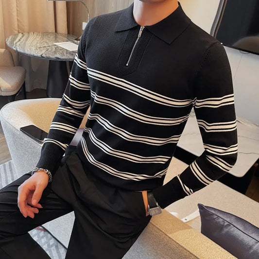 Bonsir Fall Men's Lapel Striped Color Long-sleeved Sweater Knit Men's Slim-fit Casual Pullover Half Zip Collar Men's Sweater Streetwear