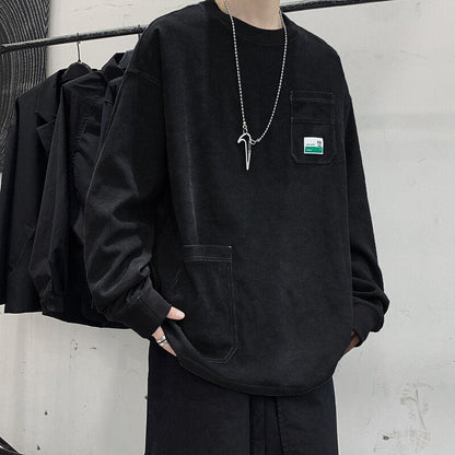 sanyamk Y2k Corduroy Pockets Graphic T Shirts Long Sleeve 2022 Harajuku Streetwear Hip Hop Oversized T-shirts Funny Black Tee