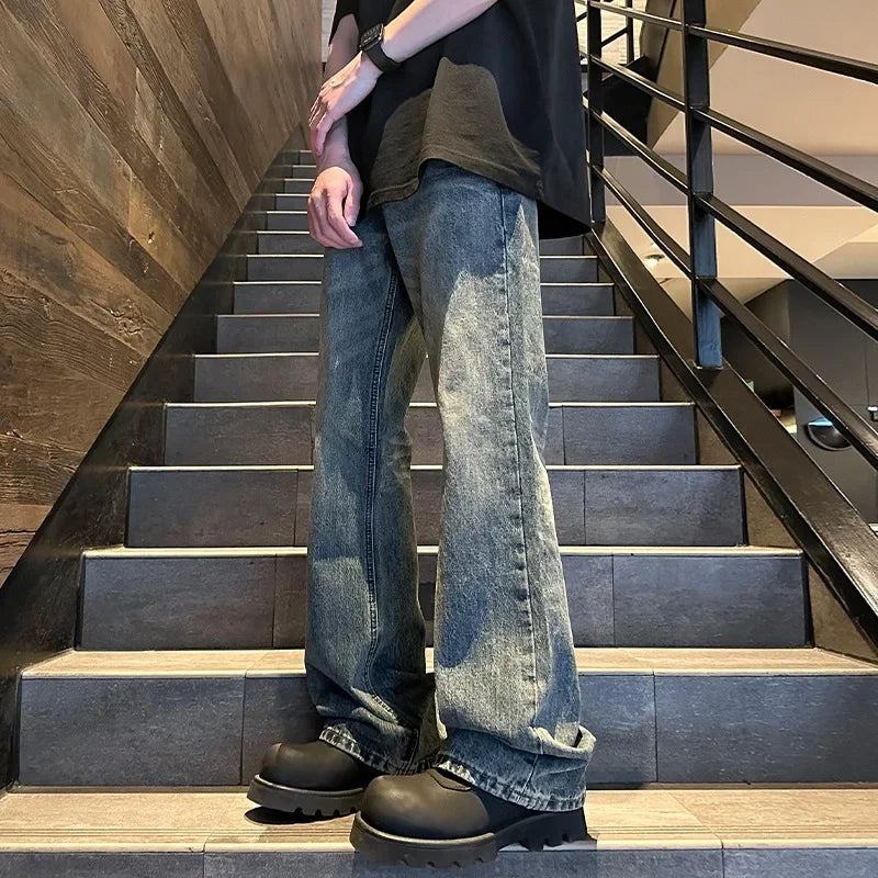 sanyamk American Style Loose-fit Straight-leg Bell Bottoms Trendy Jeans For Men Summer Thin Style Micro Flared Casual Pants