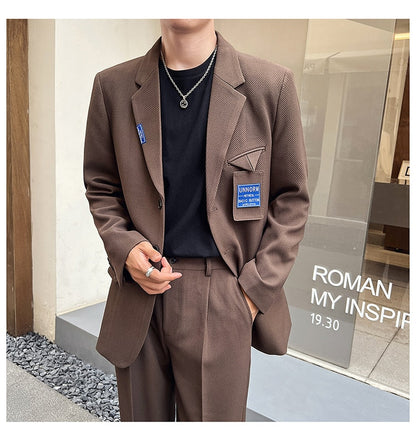 sanyamk Mens Suits Sets Jacket Pant Men Korean Streetwear Office Fashion Loose Casual Blazer Suit Jacket Pant Chic Trend Dress Suits