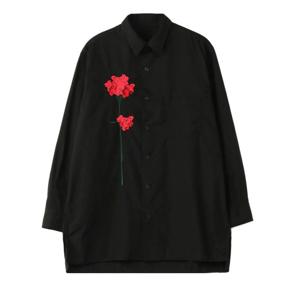 sanyamk Mens Japanese Red Dahlia Embroidered Shirt 2024 New Daily Floral Retro Essential Dark Style Long-Sleeved Shirt For Men