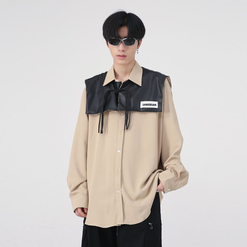 Bonsir Men Splice Leather Vest Oversize Streetwear Fashion Loose Casual Long Sleeve Shirt Net Celebrity Stage Show Clothing Male Shirts